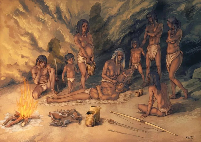 An artistic recreation portrays a group of hunter-gatherers utilizing baskets in the Cueva de los Murciélagos.