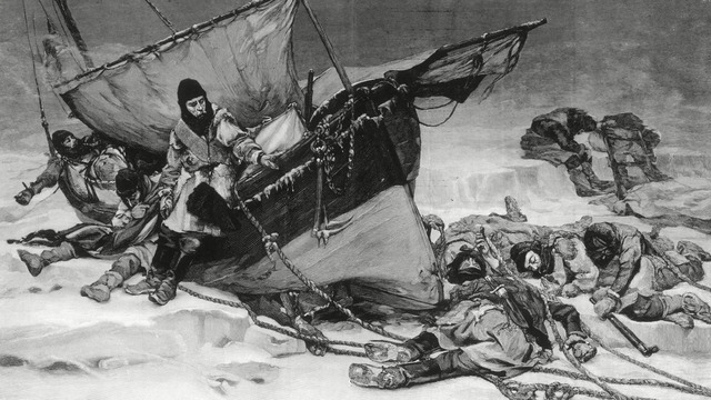 An engraving depicts the tragic end of Sir John Franklin's doomed Arctic expedition, inspired by a painting by British artist W. Thomas Smith, which was exhibited at the Royal Academy in 1896.