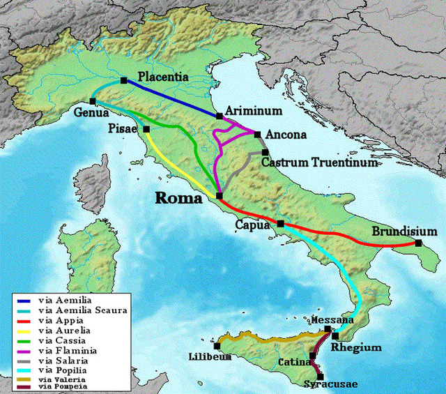 An expansive view of the Roman road network, famously epitomized by the phrase, “All roads lead to Rome.”