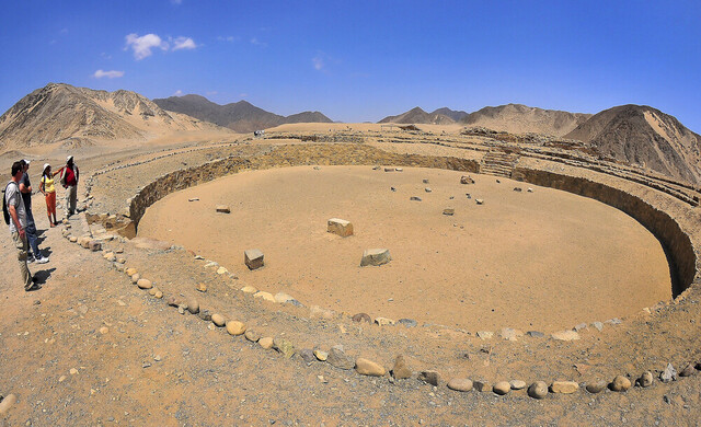 A panoramic view of Caral’s pyramids and surrounding desert, revealing the scale and ingenuity of this ancient city.