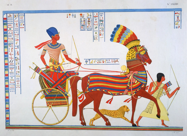 An iconic depiction of Ramses II showcases his mastery of a wheeled chariot, highlighting the importance of wheels in history.