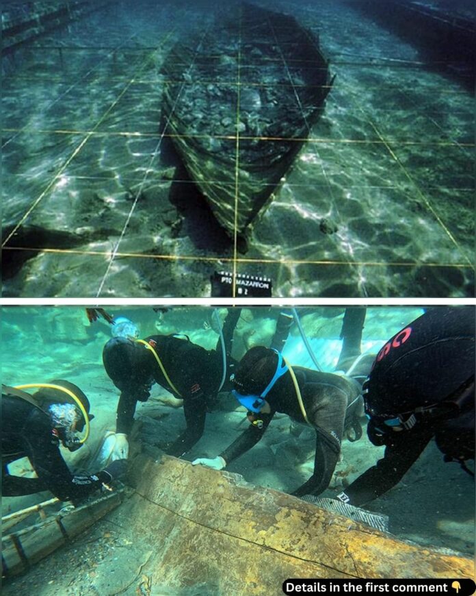 A glimpse of the Phoenician ship Mazarrón II resting on the seabed, meticulously studied by underwater archaeologists.