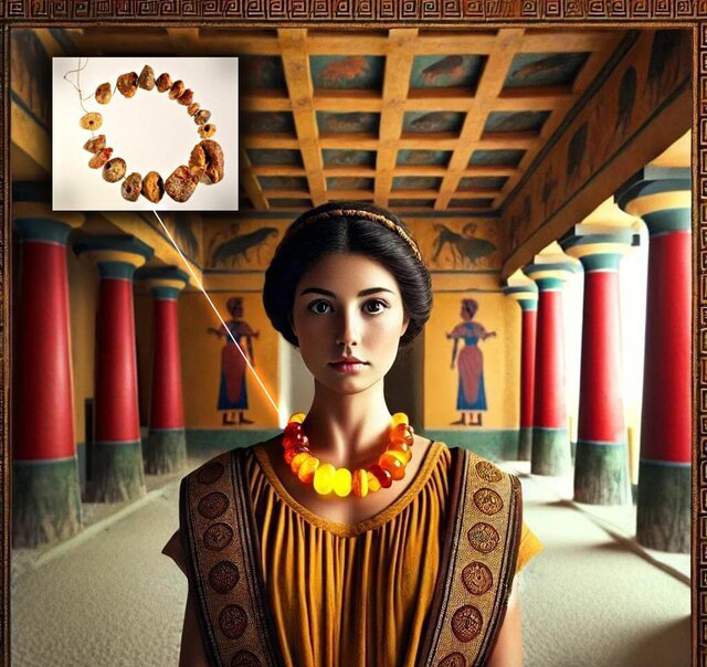 Artistic representation of a Mycenaean woman wearing an amber necklace in a palace setting, illustrating the luxurious use of amber in ceremonial contexts.