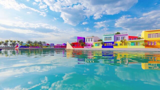 Brightly painted houses along the waterfront of the floating city, reflecting the Maldives' vibrant cultural heritage.