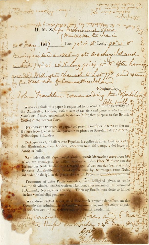 Captain James Fitzjames of the HMS Erebus authored one of the handwritten notes found in a stone cairn near Victory Point on King William Island, marking the location where the crew sought refuge after abandoning their icebound ships.