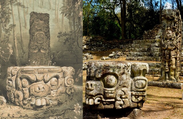 Catherwood faced immense challenges replicating Maya glyphs at Copán due to the dim light under the dense canopy and the unfamiliarity of Maya artistry. His 1843 illustration highlights these difficulties compared to a modern photograph from 2013.