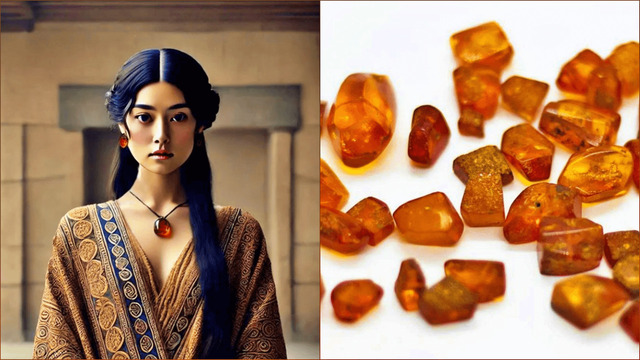 A Mycenaean woman wearing amber jewelry, symbolizing the elite status and the cultural importance of amber in the Bronze Age.