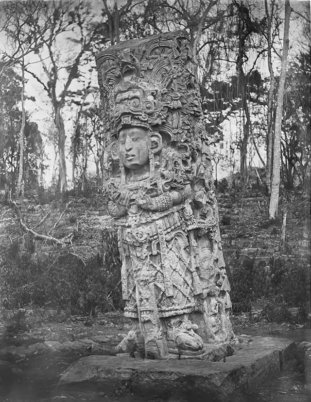 Copán’s Stela C, featuring its eastern side and accompanying altar, documented in 1885.