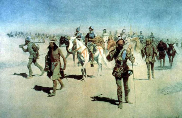 Coronado Sets Out to the North, an evocative oil painting by Frederic Remington, captures the spirit of exploration in the early 1900s.