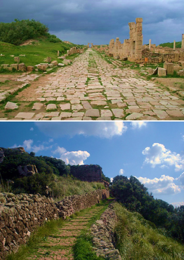 Examples of ancient Roman roads: the well-preserved road at Leptis Magna, Libya (top), and the historic path at Santa Àgueda, Minorca, Spain (bottom).