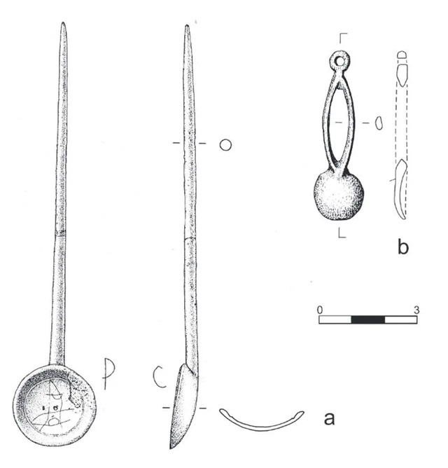 Decorative belt-end fittings featuring a small spoon and flat disc, as noted by Jarosz-Wilkołazka, Kokowski, and Rysiak.