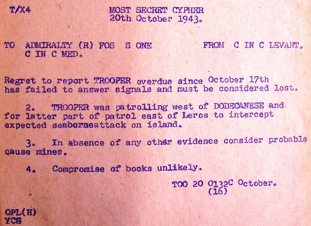 HMS Trooper was declared lost after failing to report to Beirut on October 17, 1943, marking the end of its service.