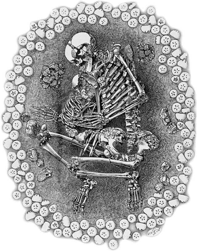 Illustration Depicting Skeletal Remains of an Adult and a Child Found at Dunstable Downs, Based on the 1894 Book Man, The Primeval Savage by Worthington Smith.