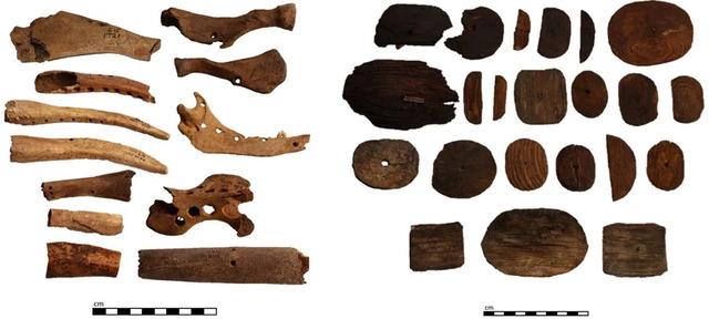 Inuit Play Objects: Left, a collection of ajagaqs crafted from various animal bones; right, spinning top discs skillfully made from wood and bone.