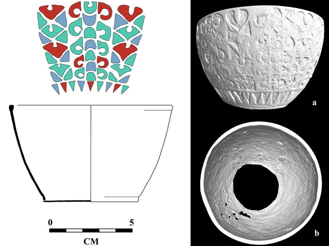 Left: A detailed cross-section revealing the chalice’s intricate decorative design; Right: A stunning 3D scan capturing its full splendo