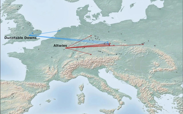 Map Showing the Locations of Altwies “Op dem Boesch” (Red Dot) and Dunstable Downs (Blue Dot), Linking Key Archaeological Sites.