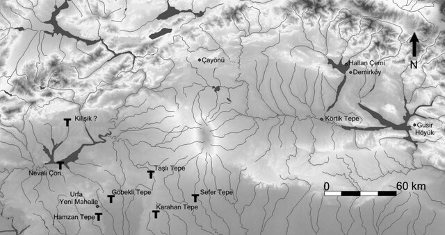 Map showing major Pre-Pottery Neolithic sites, including Göbekli Tepe, Nevali Çori, and Yeni Mahalle, all significant in understanding the broader Neolithic culture.