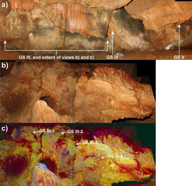 Overview of panel GS III from the central area of the Galería de la Serpiente (a), with a view of the GS III stencils as seen from the cave floor, shown before (b) and after (c) DStretch application (correlation LDS 15%)