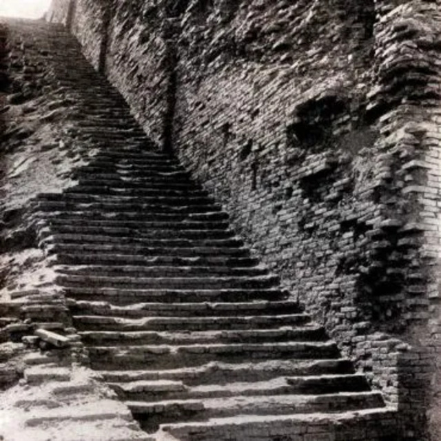 One of the grand stairways of the Ziggurat of Ur offers a peek into its intricate design and monumental scale.