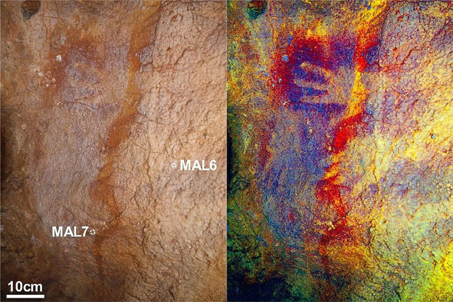 Panel GS I highlighting sample points for MAL6 and MAL7. The left image represents the original photo, and the right displays the same image enhanced using DStretch (correlation LDS 15%).