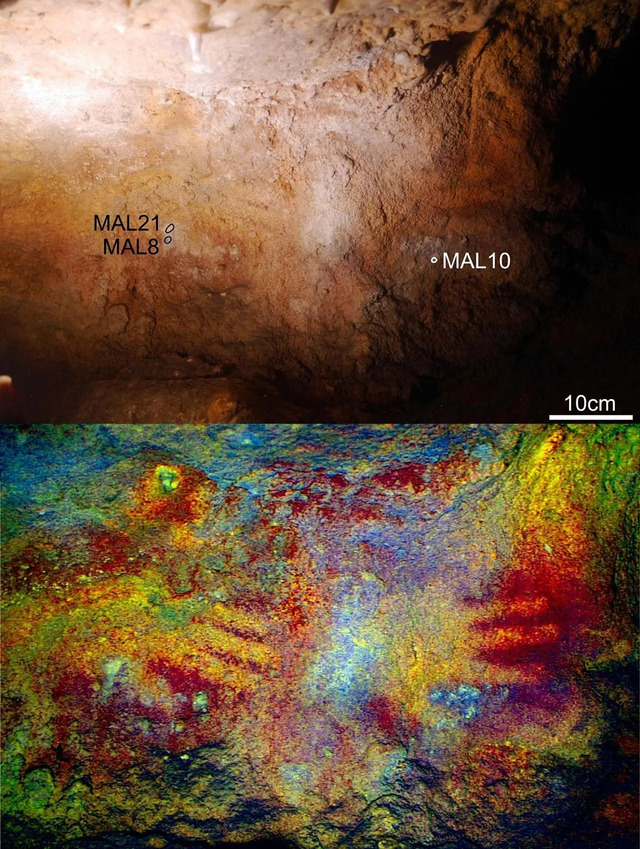 Panel GS V with sample locations MAL8, 10, and 21. The lower image presents the panel after DStretch enhancement (Clogg et al. 2000; correlation LDS 15%).