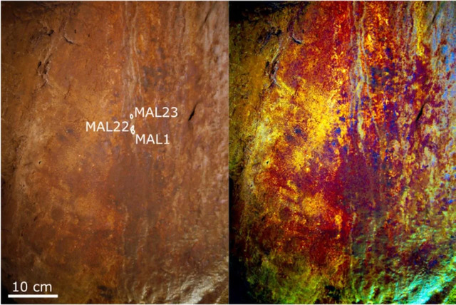 Panel P III with marked sample locations for MAL1, MAL22, and MAL23. On the left is the original photograph, while the right showcases the image enhanced with DStretch (correlation LDS 15%).