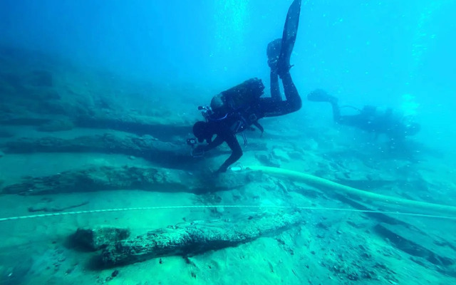 Preserved timber sections from the ancient Greek merchant vessel, Gela II, still resting in the seabed awaiting careful recovery. 