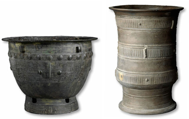 Shang Dynasty (ca. 1600–1046 B.C.) bronze and ceramic vessels, adorned with intricate geometric designs, illustrate the artistic ingenuity of the time.