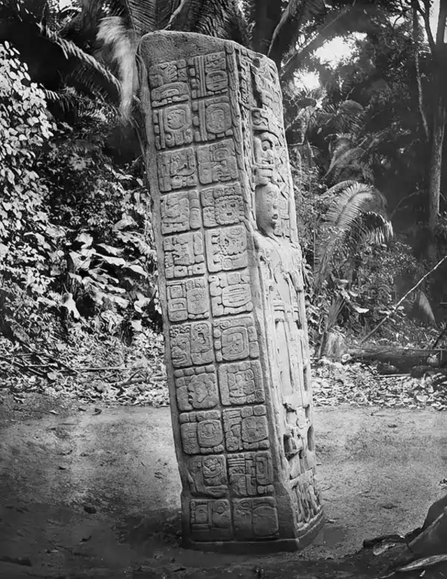 Stela H of Copán, as seen in 1885, stands as a testament to the artistic skill of the Maya civilization.