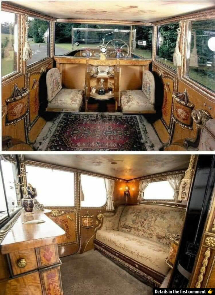 Step inside the opulence of a 1926 Rolls Royce, featuring handcrafted interiors adorned with exquisite fabrics and fine detailing.