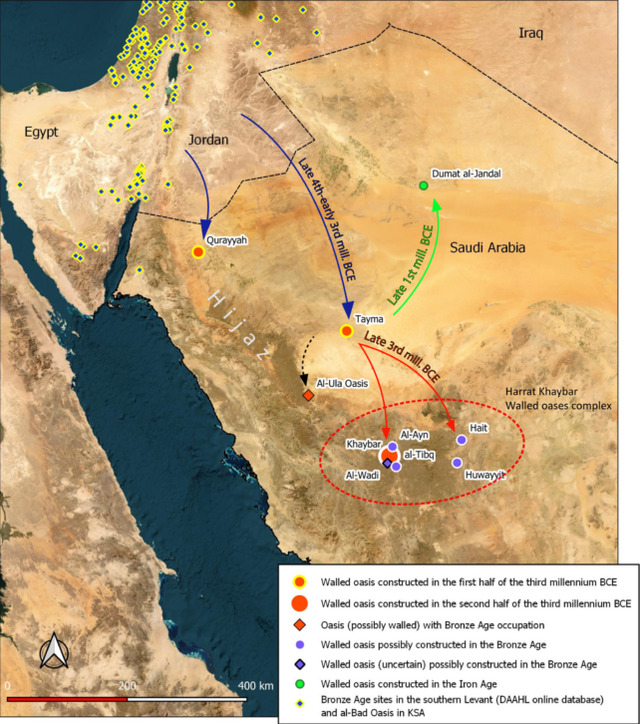 The Bronze Age walled oases and major settlements in Northwestern Arabia, including Khaybar Oasis and the Harrat Khaybar complex, are mapped within a dashed red oval, highlighting their historical significance.