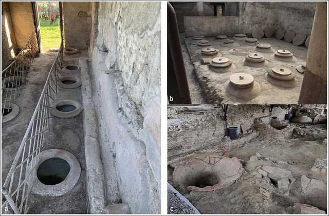 The Dolia Defossa Wine Cellars of Pompeii’s Regio II Insula 5 (a) and Villa Regina in Boscoreale (b), Along With Tortoreto Muracche in Abruzzo (c), Reveal the Ingenuity of Roman Viniculture (Photos by E. Dodd, Courtesy of the Ministero della Cultura – Parco Archeologico di Pompei).