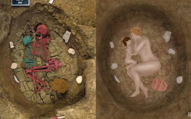 The Grave at Altwies Features Highlighted Bones of a Mother and Child (Left) and a Hypothetical Reconstruction of the Burial (Right), Informed by Ancient Genomic Data.