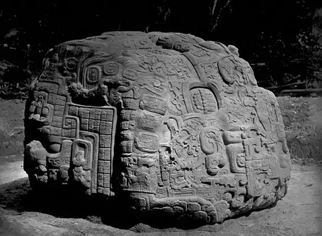 The Great Turtle P monument in Quiriguá, showcasing its southern face and eastern side, photographed in 1883.