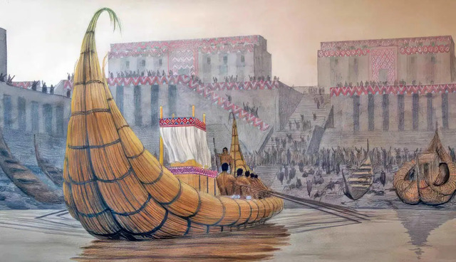 "The Statue of Enki Sails from Eridu": A breathtaking illustration by Balage Balogh capturing the mythological essence of Mesopotamian legends.