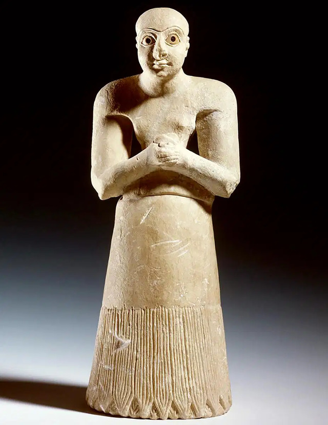 The "Sumerian Man in Prayer" statue (2750-2400 BCE), a timeless representation of devotion and spiritual connection.