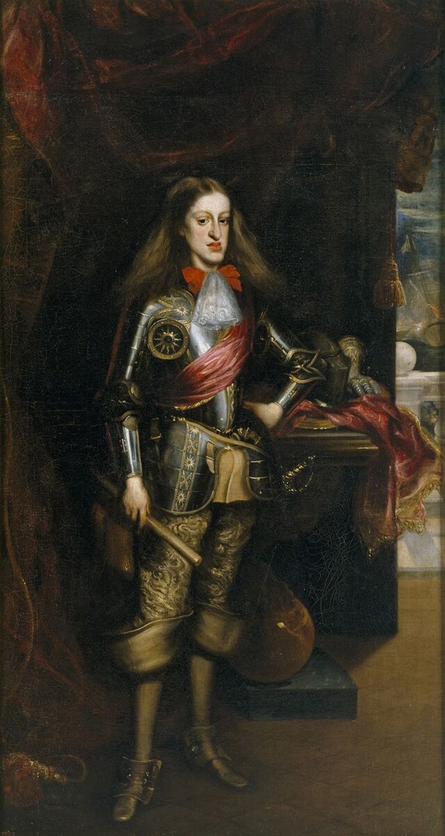 The completed portrait of Charles II in magnificent armor, symbolizing royal power and prestige.