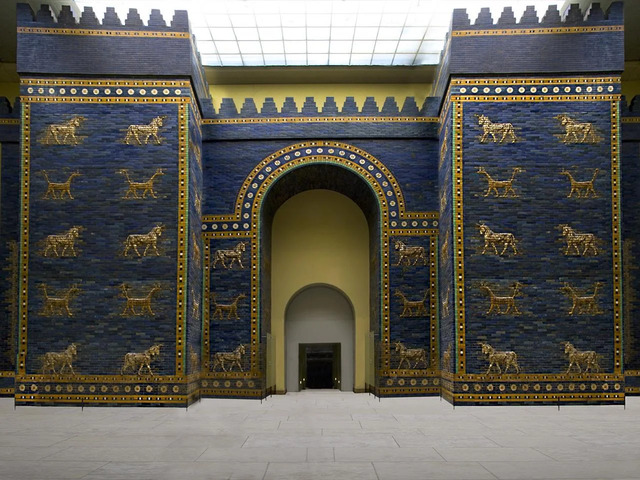 The iconic Ishtar Gate of ancient Babylon, beautifully restored and showcased at the Pergamon Museum in Berlin, Germany.