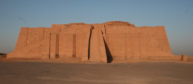 The largely reconstructed Ziggurat of Ur, built circa 2100 B.C.E. with mud and baked brick, stands proudly at Tell el-Mukayyar, Iraq.