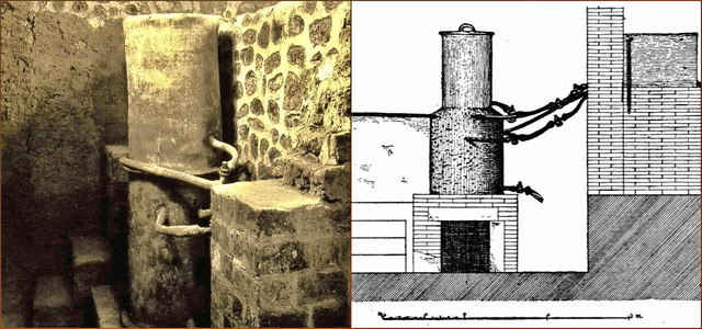 The left image shows the preserved boiler in situ, while the right illustrates a detailed diagram of its structural layout and piping system.