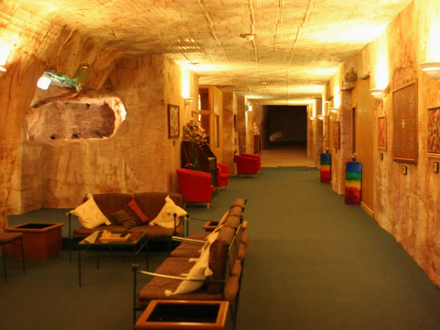 The lobby of an underground hotel in Coober Pedy offers a unique welcome to travelers.