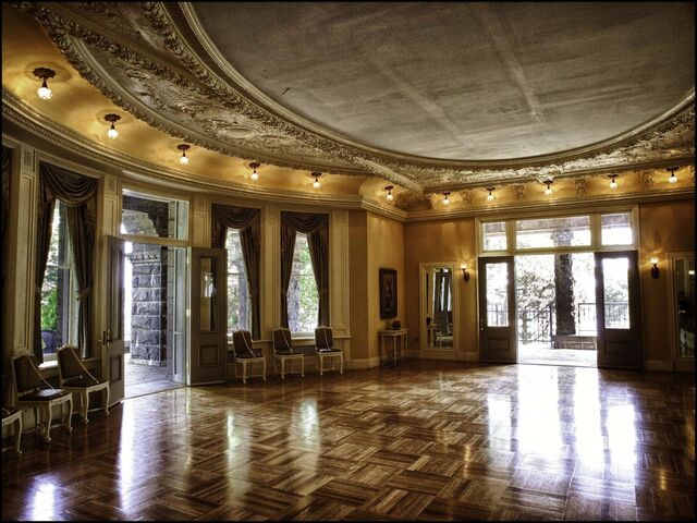 The magnificent ballroom with its intricate ceiling and polished wooden floors, reflecting the opulence of the castle's interior.