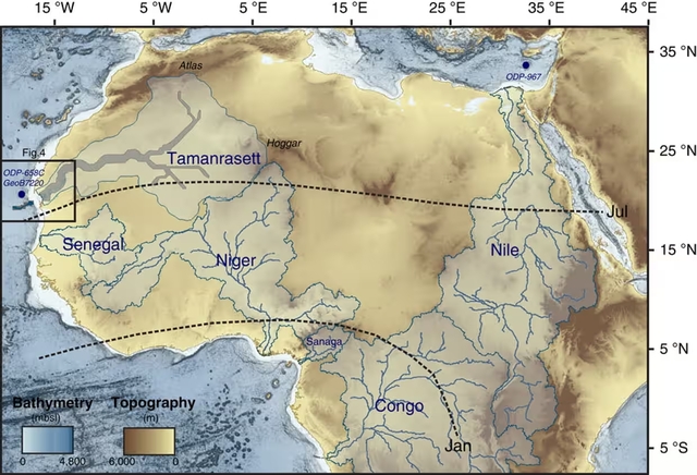 The proposed Tamanrasett River is outlined in blue and grey on the map, with the newly identified river and Cap Timiris Canyon marked in deep blue on the far left.