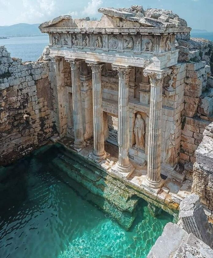 The stunning Nymphaeum of Sagalassos, partially submerged in crystal-clear water, showcasing the elegance of Roman-era water structures