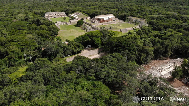 The stunning landscape of the Kabah archaeological site, showcasing ancient structures hidden within the dense vegetation of the Yucatán Peninsula. (Credit: INAH)