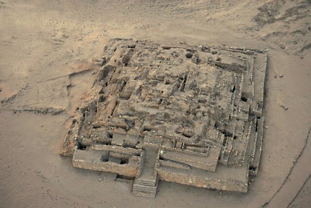 Aerial view of a smaller pyramid within Caral, part of this 5,000-year-old complex of temples and plazas.