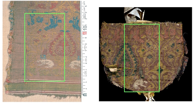 A detailed comparison of Charlemagne’s burial shroud (left) and the Westminster Abbey seal bag (right), showing identical patterns woven by Islamic artisans.