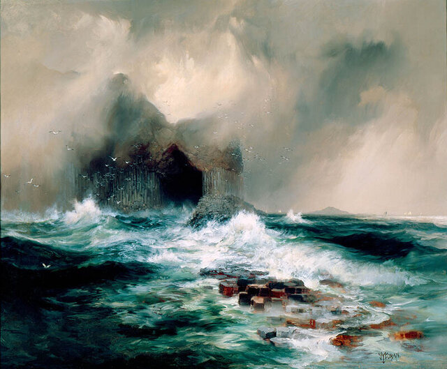 Thomas Moran’s captivating 1884 painting, “Fingal’s Cave, Island of Staffa, Scotland,” a tribute to its timeless splendor.