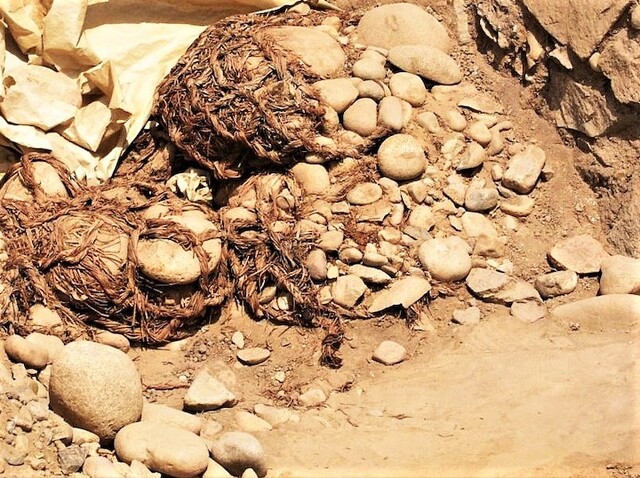 Woven remains and stones found in Caral’s burial sites, evidence of their burial rituals and culture.