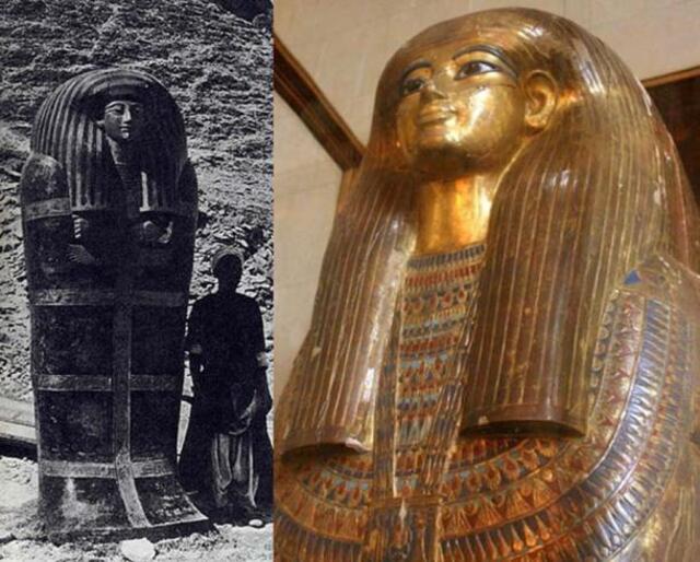 Yuya’s Large Outer Coffin Discovered in 1905 and the Gold-Gilded Innermost Coffin of Tuya From Tomb KV46 in the Valley of the Kings.